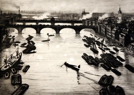 Christopher Richard Wynne Nevinson (1889-1946) London bridges on the Thames, 13.25 x 17.5in.